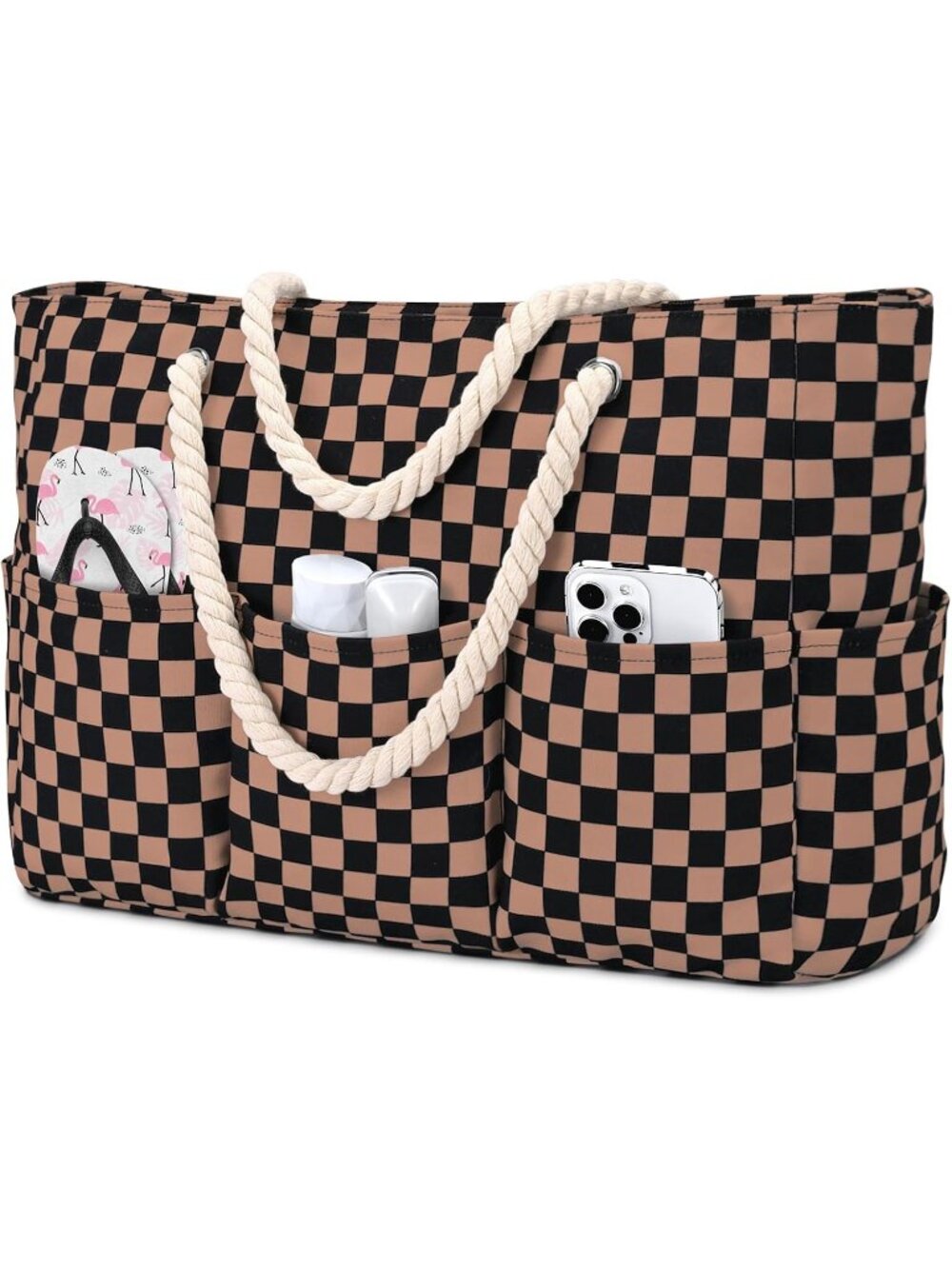Women's Black Khaki Large Canva Beach Tote Waterproof Sandproof Foldable Bag